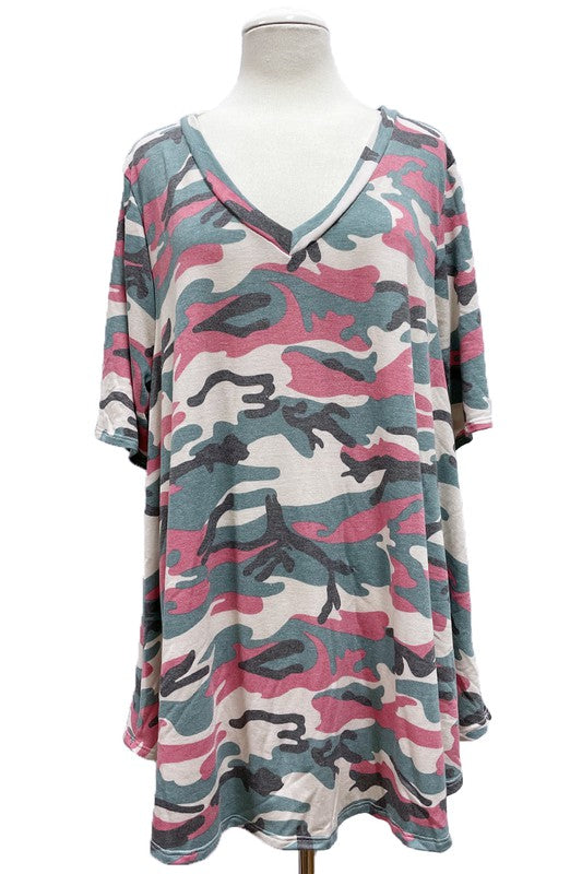 Pink Green Camo Top V Neck