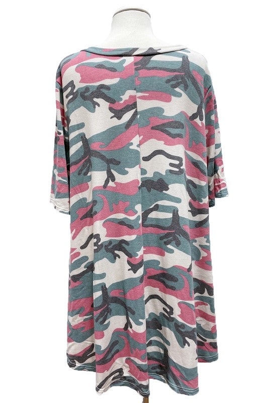 Pink Green Camo Top V Neck