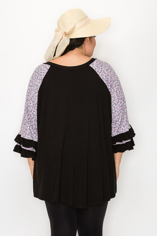 PSFU Black Top w Gray Pink Floral Sleeves