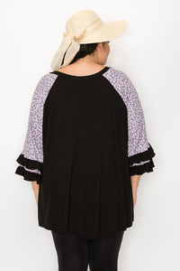 PSFU Black Top w Gray Pink Floral Sleeves