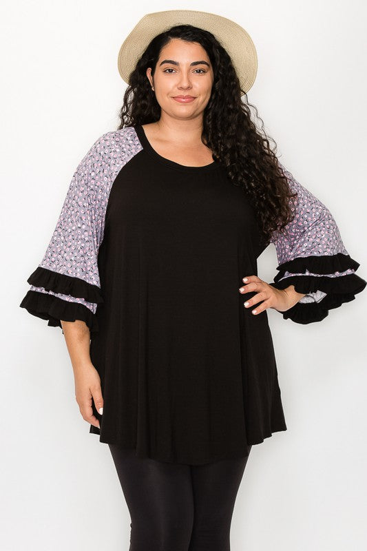 PSFU Black Top w Gray Pink Floral Sleeves