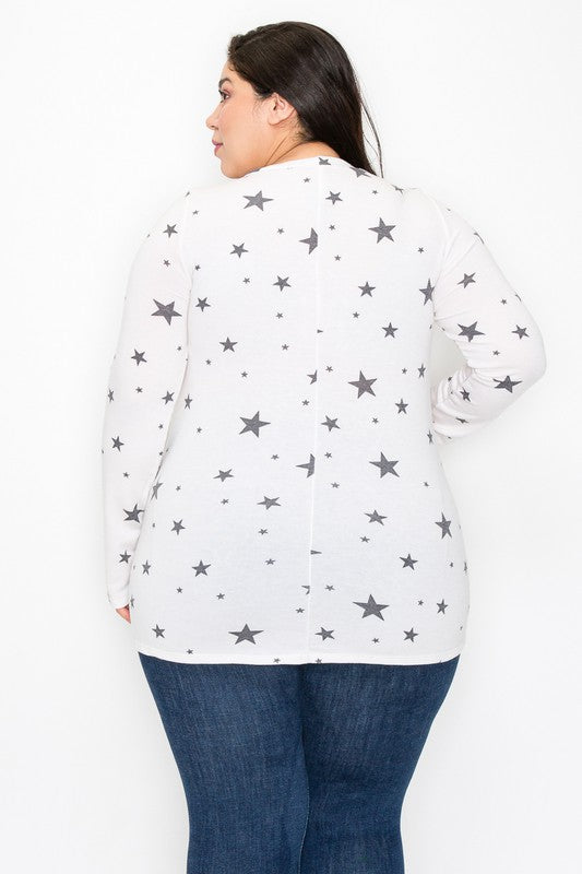 White Long Sleeve Star Print Shirt Top