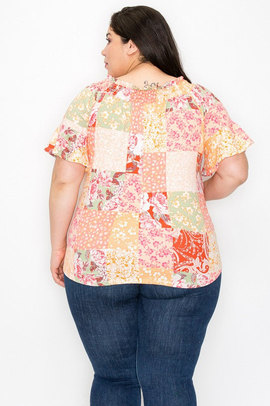 Pink Orange Green Floral Patchwork Off or On Shoulder Top