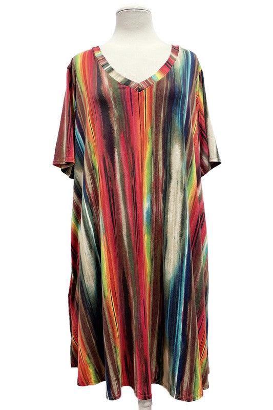Vertical Stripe Tie Dye Print Dress w Pockets