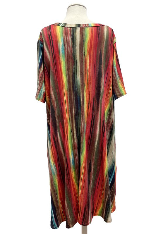 Vertical Stripe Tie Dye Print Dress w Pockets