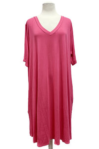 Pink V Neck Solid Color Dress With Pockets