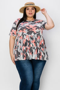 Gray & Pink Camo Tiered Ruffle Top