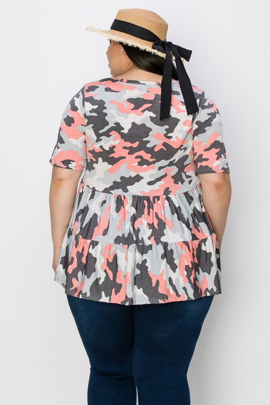 Gray & Pink Camo Tiered Ruffle Top