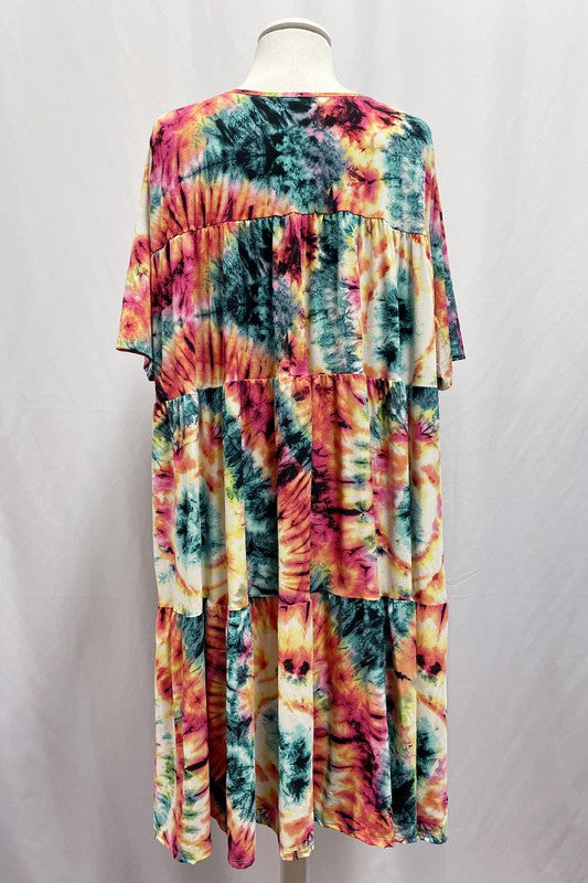 Tie Dye Print Tiered Ruffle Dress