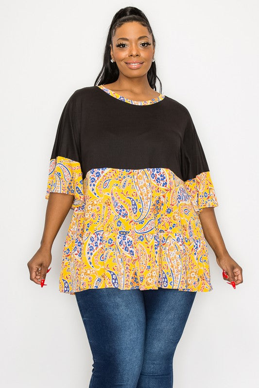 PSFU Black Yellow Paisley Tiered Top Shirt