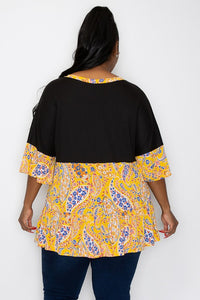 PSFU Black Yellow Paisley Tiered Top Shirt