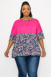 PSFU Pink Floral Colorblock Floral Top