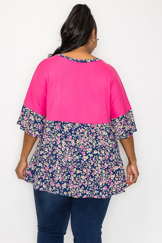 PSFU Pink Floral Colorblock Floral Top