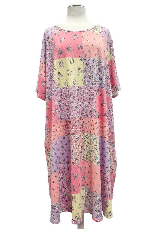 Pink Purple Yellow Orange Patchwork Dress w Pockets