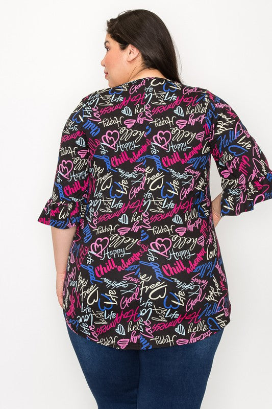 PSFU Black Sayings Shirt Top w Ruffle Sleeve & Neck Detail