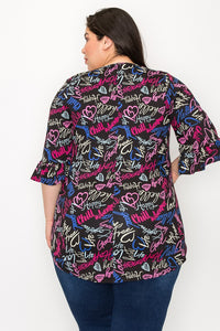 PSFU Black Sayings Shirt Top w Ruffle Sleeve & Neck Detail