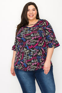 PSFU Black Sayings Shirt Top w Ruffle Sleeve & Neck Detail