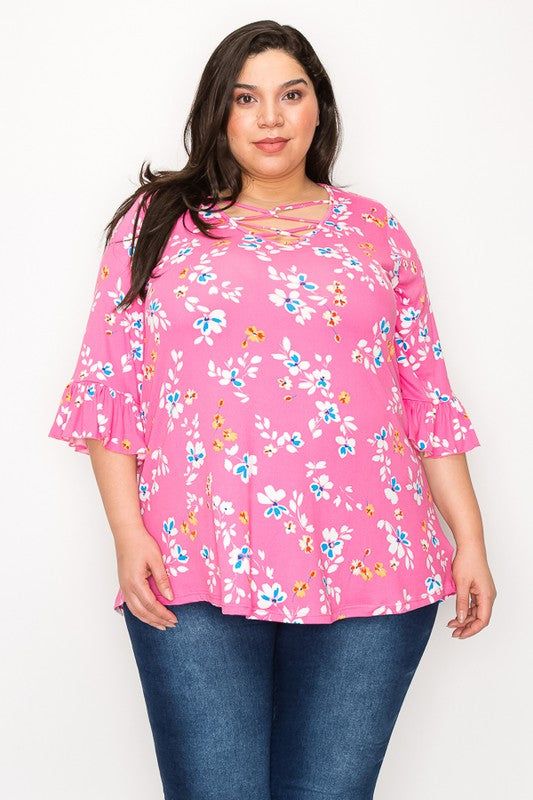 PSFU Bright Pink Floral Caged X Neck Shirt Top