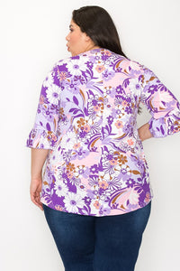 PSFU Purple Floral Caged X Neck Shirt Top