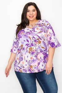 PSFU Purple Floral Caged X Neck Shirt Top