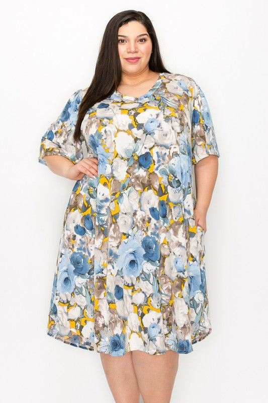 Gray Yellow Blue Floral Dress