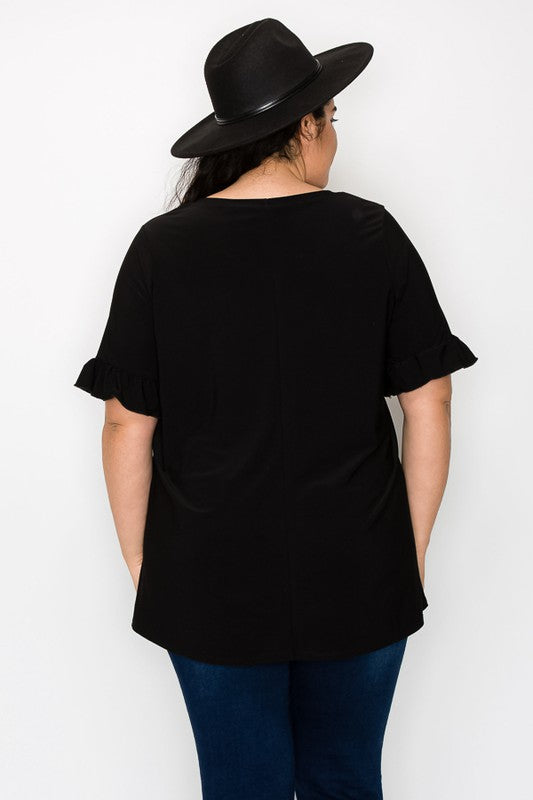 PSFU Solid Black Shirt Top w Ruffle Sleeve
