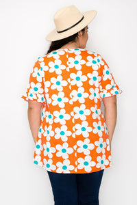 PSFU Orange Teal Retro Floral Shirt Top