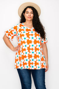 PSFU Orange Teal Retro Floral Shirt Top