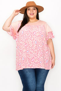 Pink Leopard Print Ruffle Sleeve Shirt Top