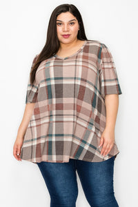 Brown Green Plaid Shirt Top w V Neck and Wide Sleeves