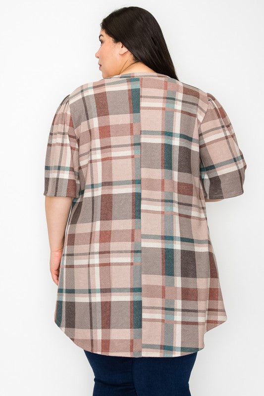 Brown Green Plaid Shirt Top w V Neck and Wide Sleeves