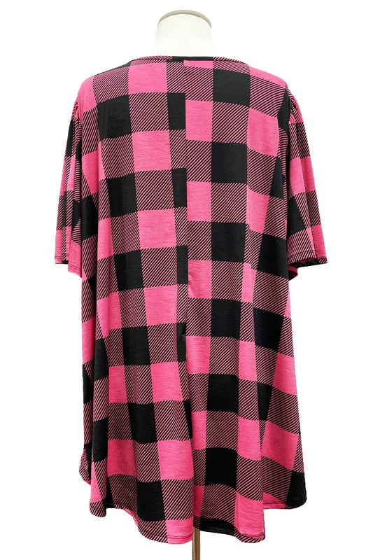 Pink & Black Plaid Shirt Top w Wide Sleeves