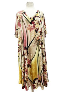 Gold Pink Floral Hawiian Vibes Dress w Pockets