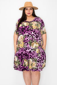 Purple Floral Leopard Print Dress w Pockets