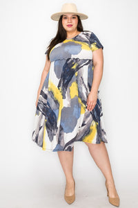 Gray Blue Yellow Shirred Tie Dye Dress w Pockets