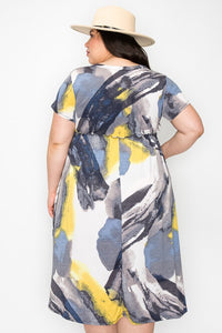 Gray Blue Yellow Shirred Tie Dye Dress w Pockets