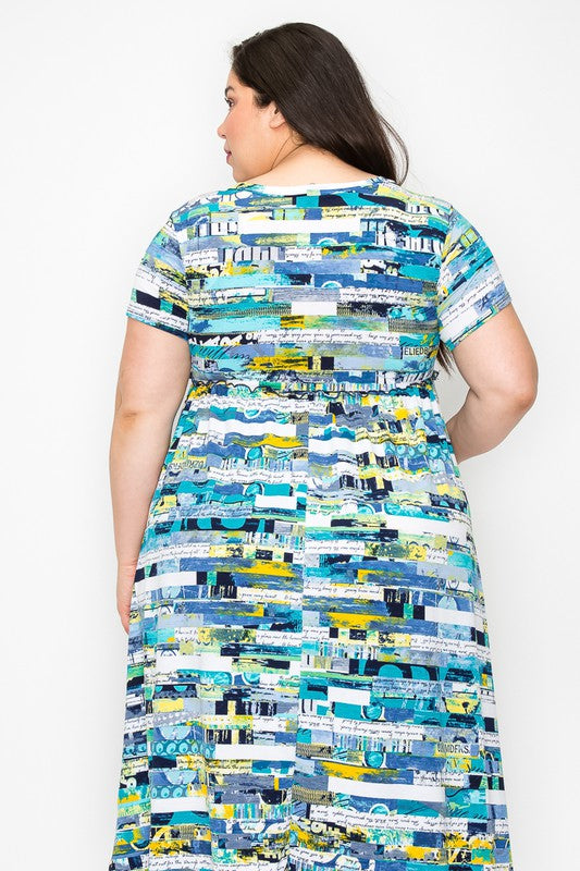Blue Green Yellow Shirred Multi Print Dress w Pockets
