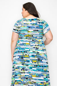 Blue Green Yellow Shirred Multi Print Dress w Pockets