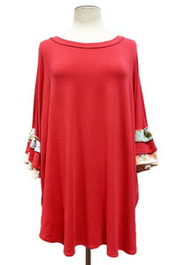 Red Coral Ruffle Sleeve Shirt Top