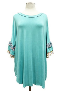 Light Aqua Shirt Top with Double Ruffle Floral Sleeve