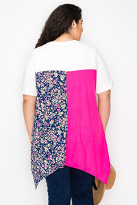 PSFU Pink Navy Floral Asymmetrical Sharkbite Shirt Top