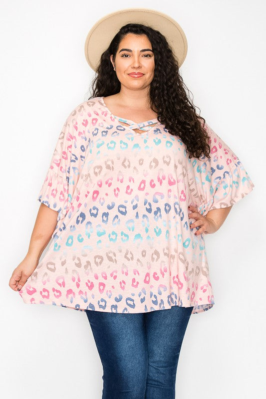 PSFU Pink Leopard X Criss Cross Neckline Shirt Top