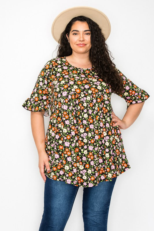 PSFU Black Green Orange Floral Shirt Top