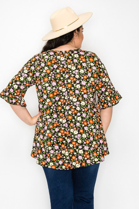 PSFU Black Green Orange Floral Shirt Top