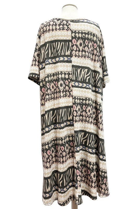 Beige Gray Pink Zebra Multi Print Dress w Pockets