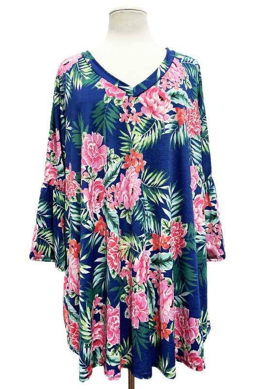 Blue Pink Floral Tropical Shirt Top
