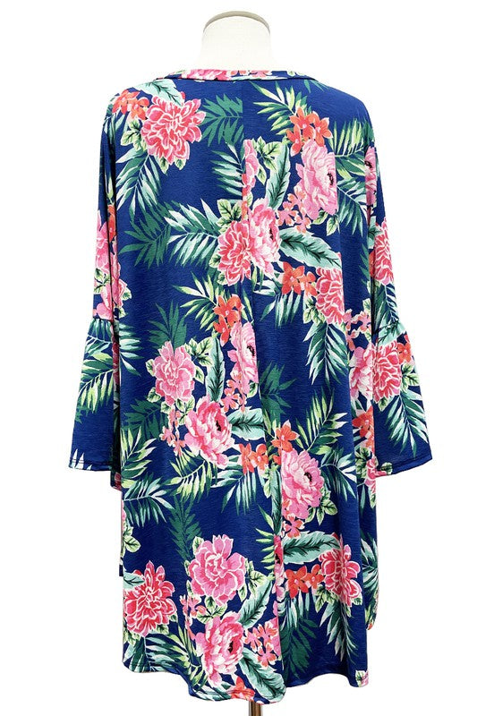 Blue Pink Floral Tropical Shirt Top