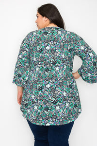 Blue Green Floral Shirt Top w Ruffle Sleeve