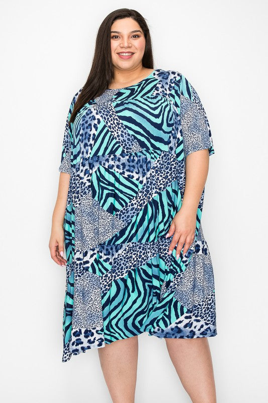 Navy Blue Teal Leopard Zebra Print Dress