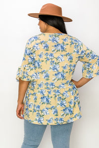 Yellow Blue Floral V Neck Shirt Top